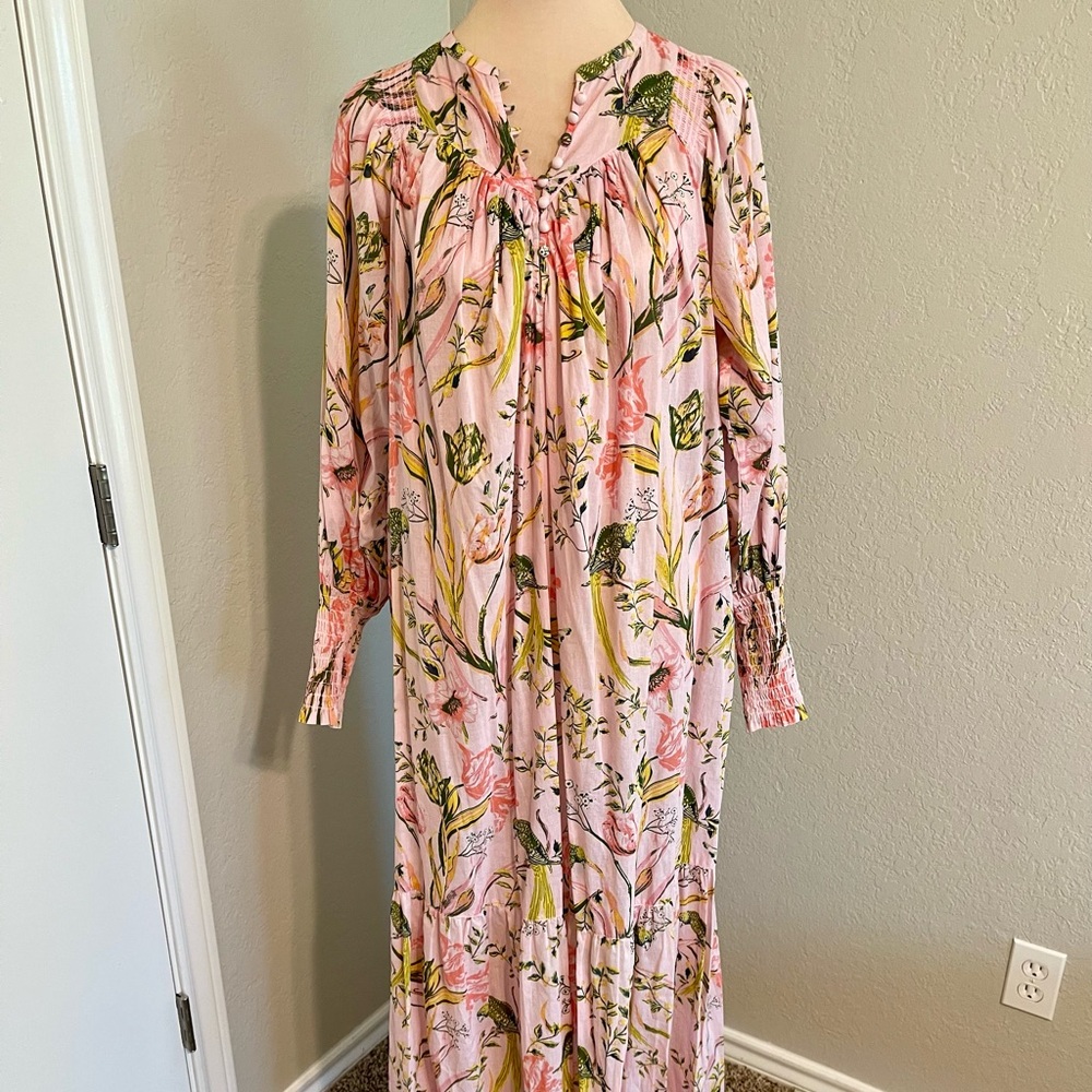 Happy X Nature S NWOT Botanical Parakeet Long Sleeved Maxi Dress Birds Floral